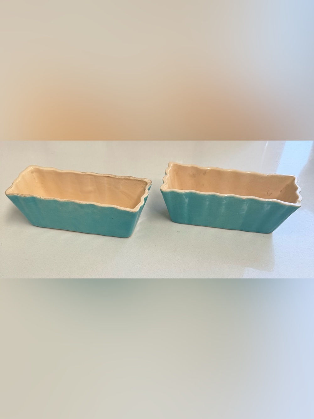 Vintage Ramekins - handmade Set of 2 Turquoise Ceramic rectangular